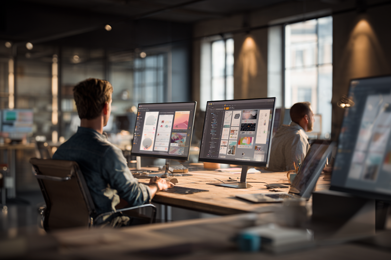 Entwickler und Webdesigner arbeiten an mehreren Bildschirmen